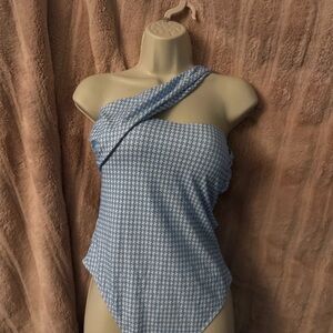 Cupshe One-Shoulder Blue Houndstooth Swimsuit